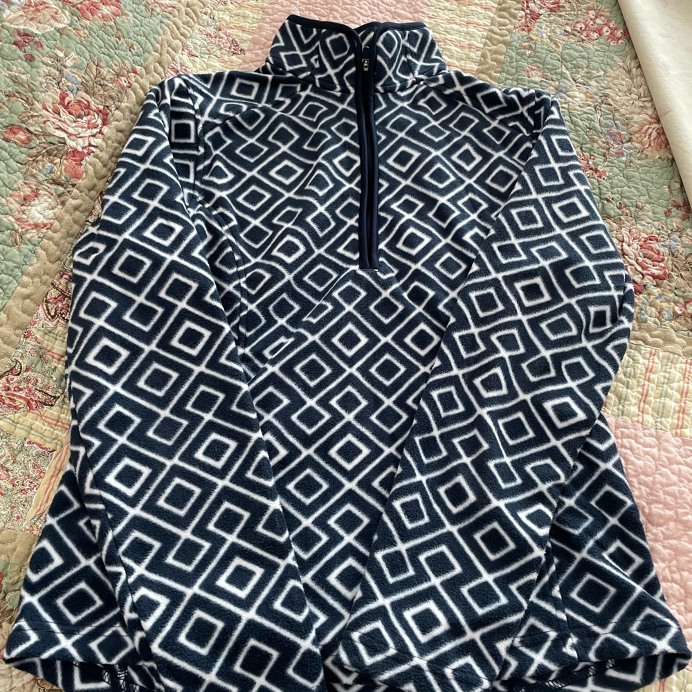 Lands' End Navy Blue and White Geometric Women's Fleece Quarter Zip Top